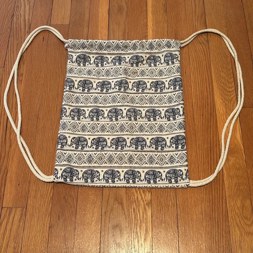 Handmade tum-thai canvas elephant print backpack with rope shoulder straps